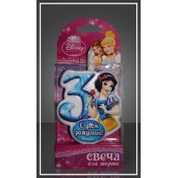 Свеча для торта h68 мм, диз. "Disney Принцесса. Цифра 3", разноцв., 1 шт/упак 20 шт/кор РОССИЯ 1167